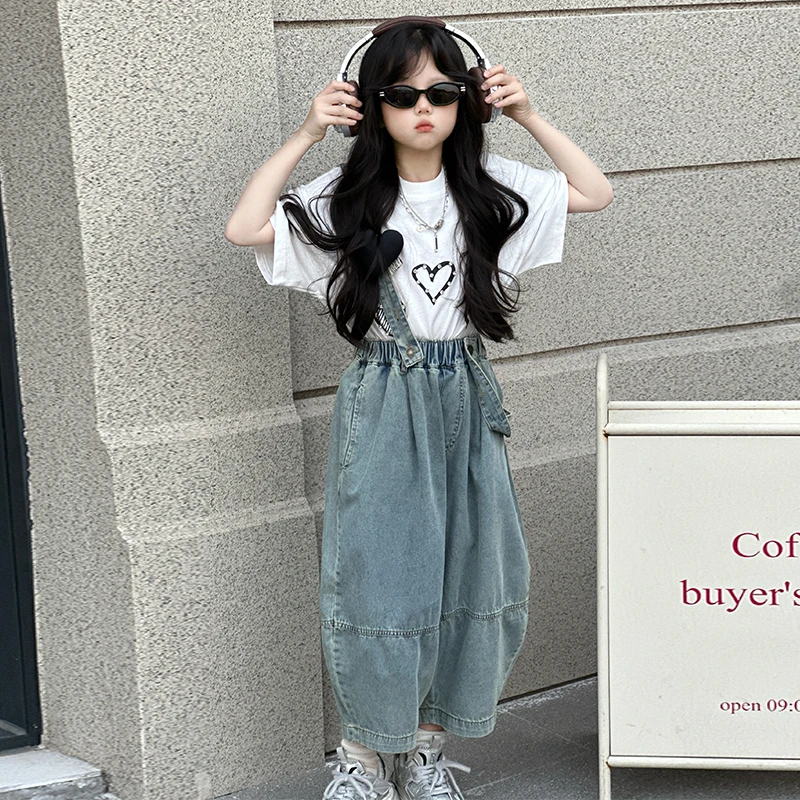 女童夏季背带裤套装2025新款洋气大童短袖薄款夏装韩系儿童牛仔裤