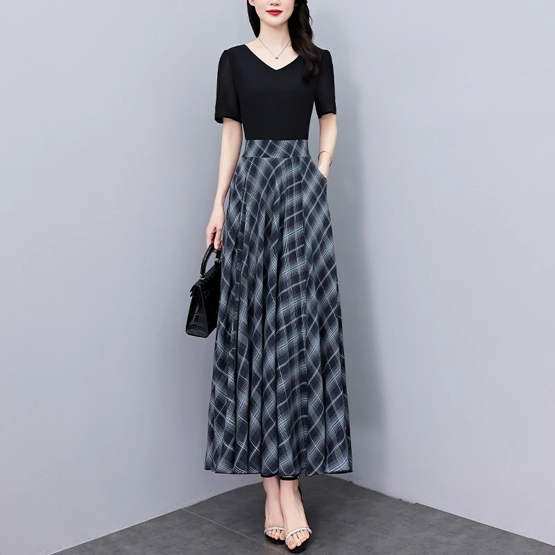 2025夏季新款高档印花雪纺连衣裙长款大码胖mm收腰显瘦遮肚子长裙