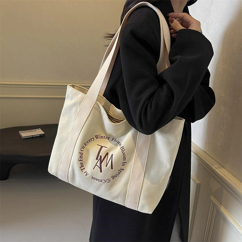 2025秋季新品帆布字母印花复古托特包大容量单肩包轻便百搭腋下包