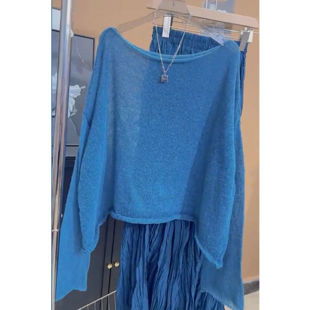 我也不想一直被夸，好美！秋冬季蓝色毛衣薄款宽松百搭针织衫女上衣