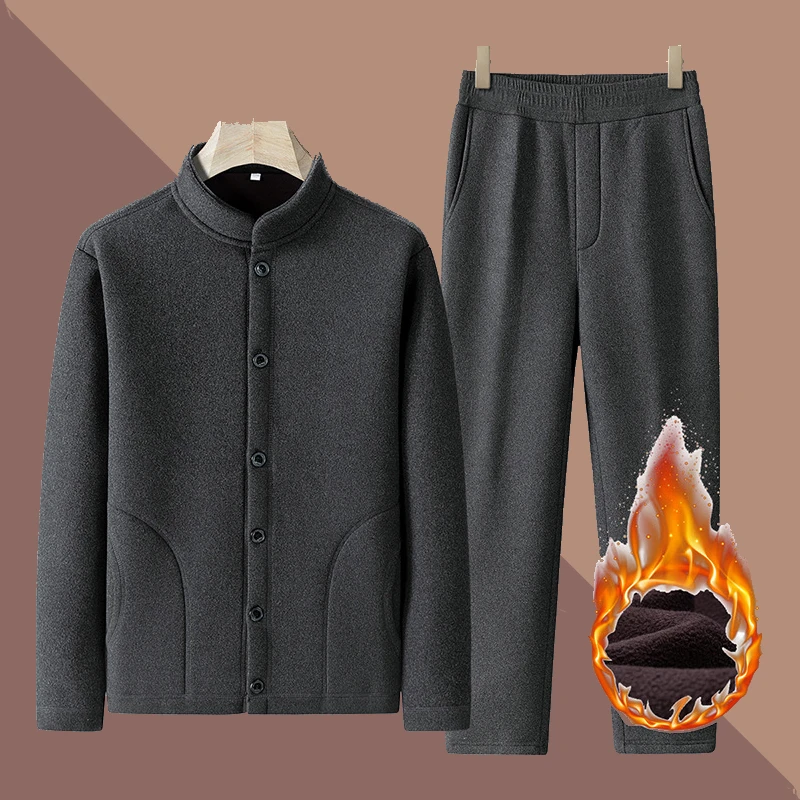 冬季新中式老年人保暖棉服加绒加厚爸爸套装棉袄中老年开衫厚外套