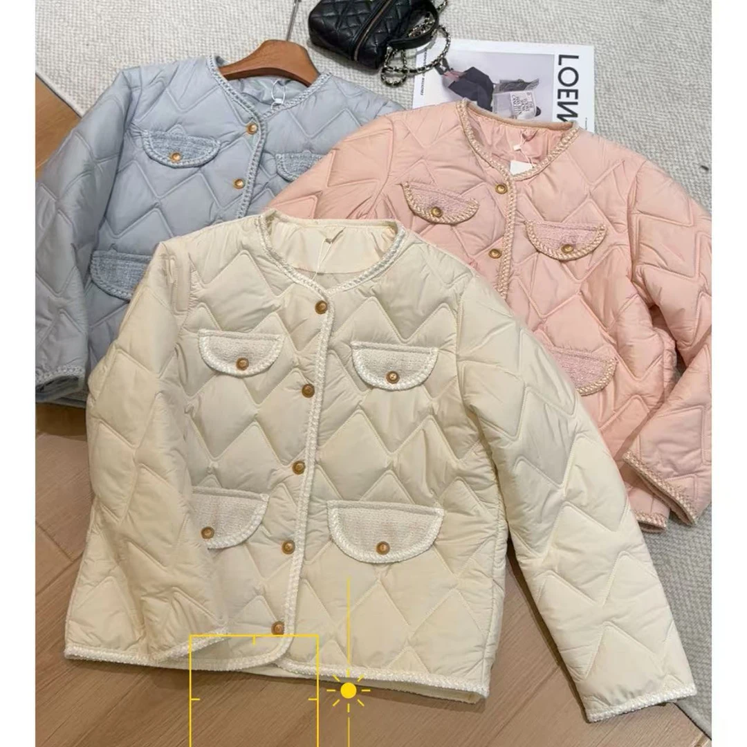 【白茶茉莉】506秋冬新款欧货小香风短款棉服气质圆领轻薄软糯外套