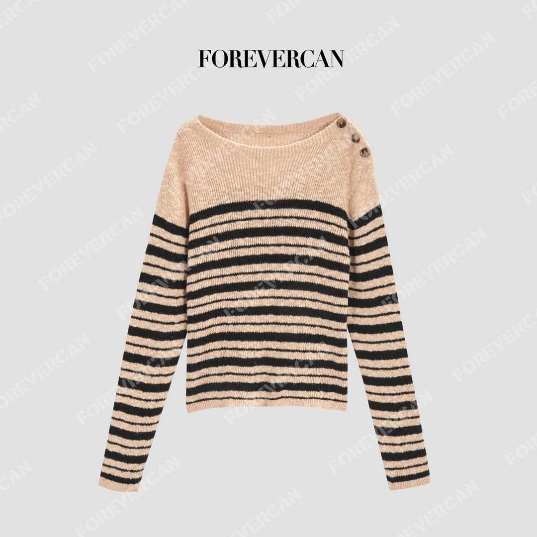 FOREVERCAN“从容织行”木质系慵懒结子纱横条纹纽扣毛衣MY4690