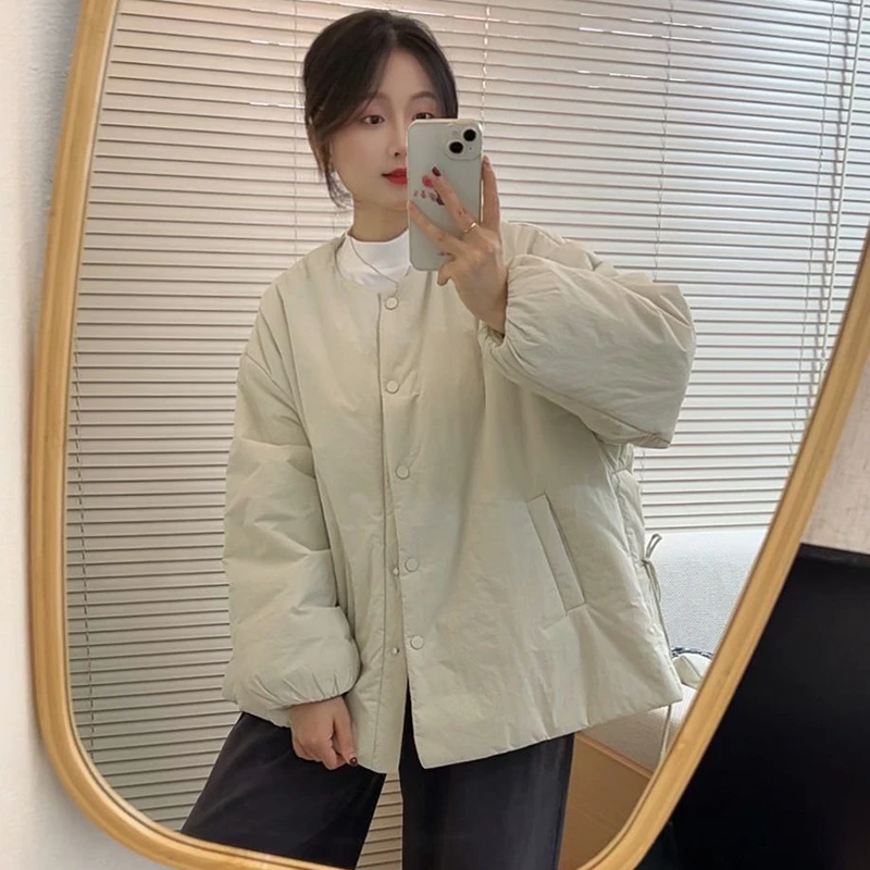 冬季圆领棉服女日系宽松保暖棉衣设计感休闲百搭面包服夹棉外套潮