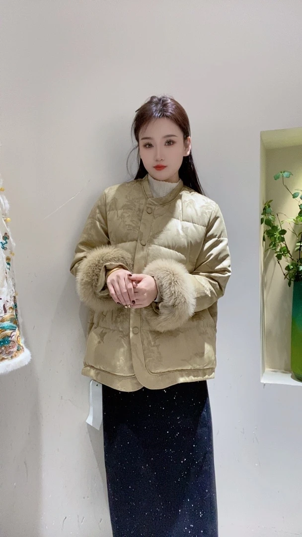 新中式冬季暗花中长袖口毛毛棉服外套8817