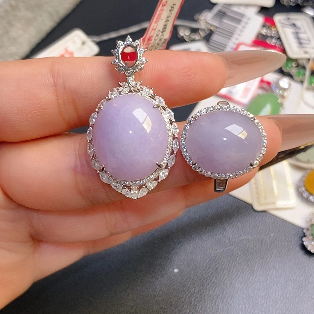 翡翠银S925镶嵌戒指翡翠两件套