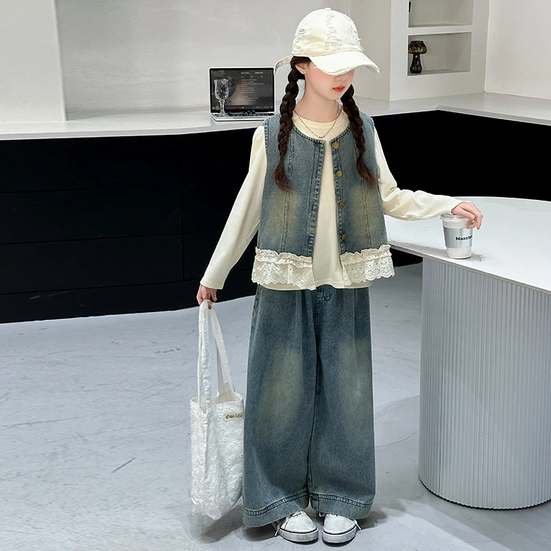 女童秋季牛仔马甲三件套2025新款儿童洋气时髦阔腿裤大童秋装套装