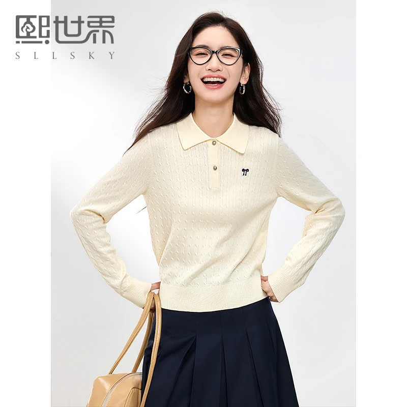 熙世界老钱风POLO领绞花针织衫女2025春季新款减龄套头毛衫上衣