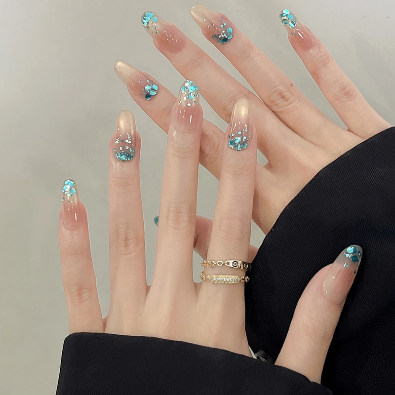米哩米穿戴甲手工款美甲中长款2025流行蓝色亮片裸色猫眼浅海繁星