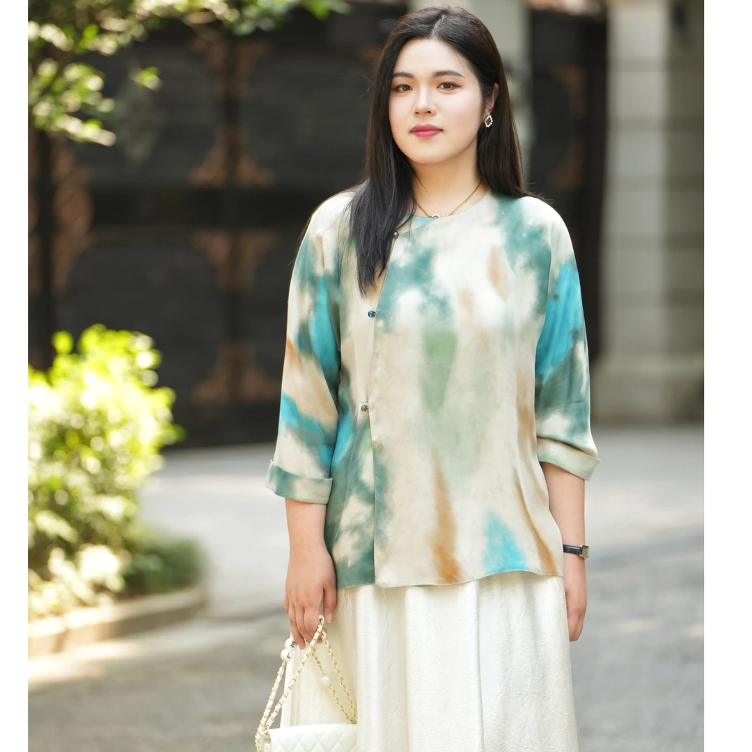 四月初九加大码女装胖MM2025夏新中式浮雕竹叶提花小衫衬衫