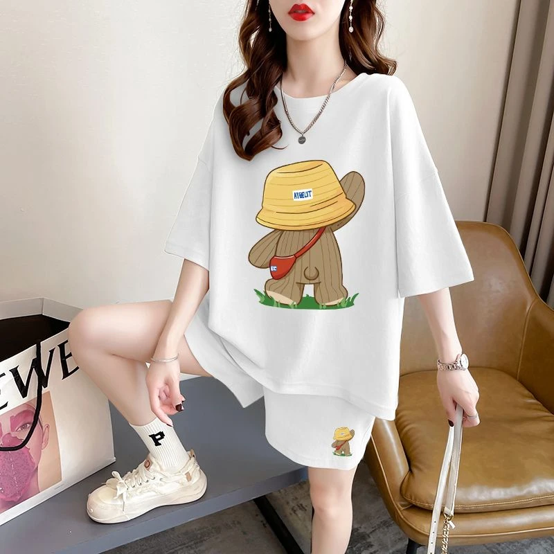 夏季休闲时尚短袖短裤套装女大码女装纯棉宽松运动显瘦外穿两件套