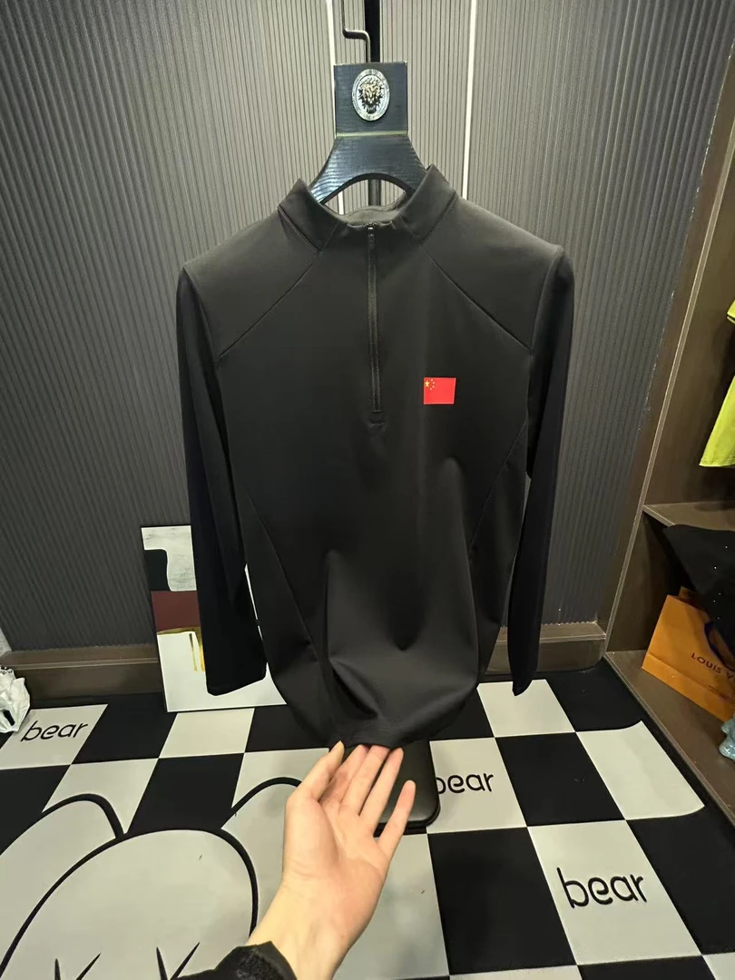 8897#春季男士长袖国旗T恤户外立领显瘦健身跑步登山