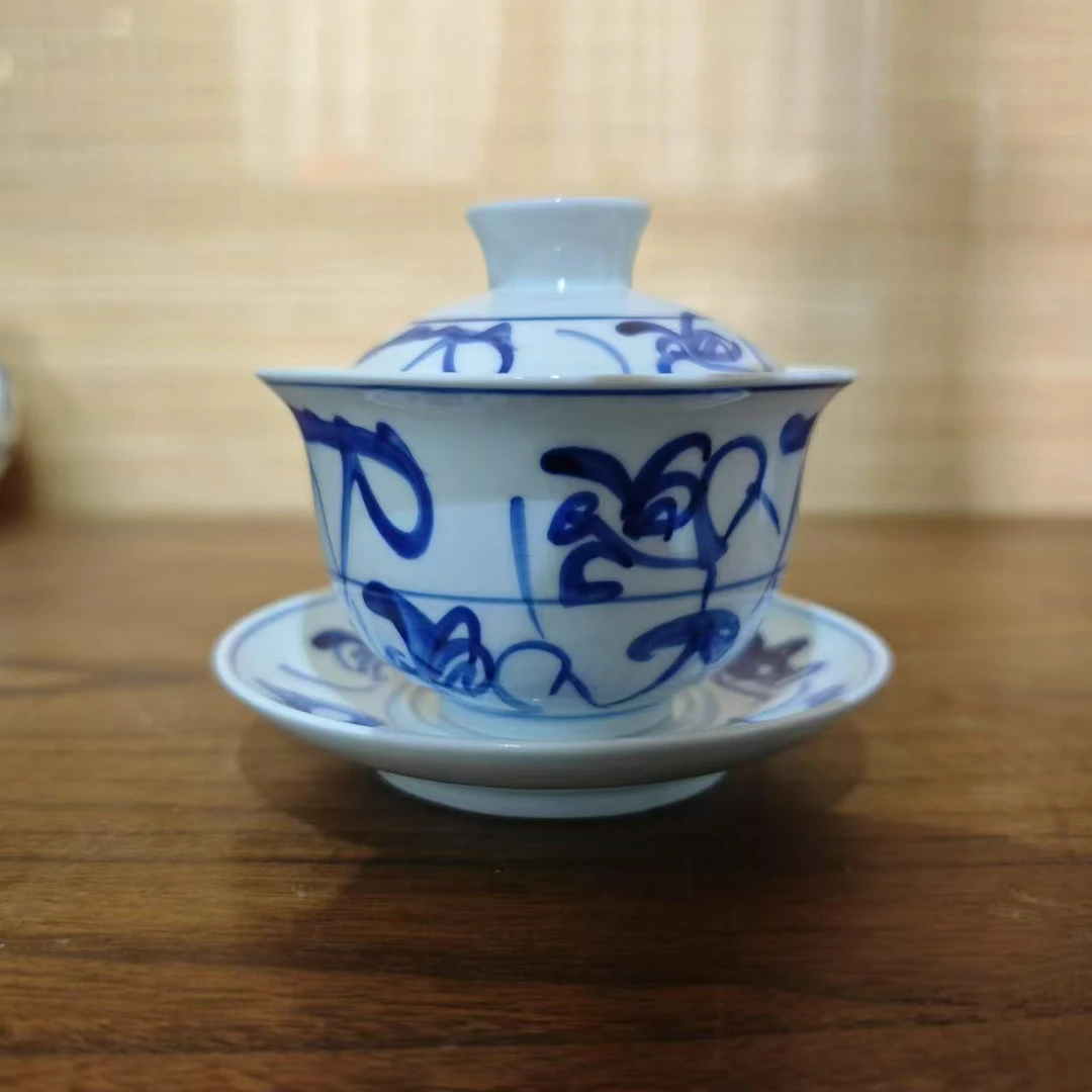 【青花国语】景德镇纯手工手绘刀字三才盖碗