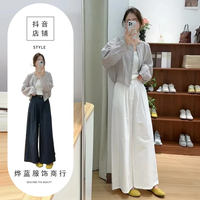 2025夏季新款休闲风韩系防晒开衫白色吊带高腰白色休闲长裤三件套