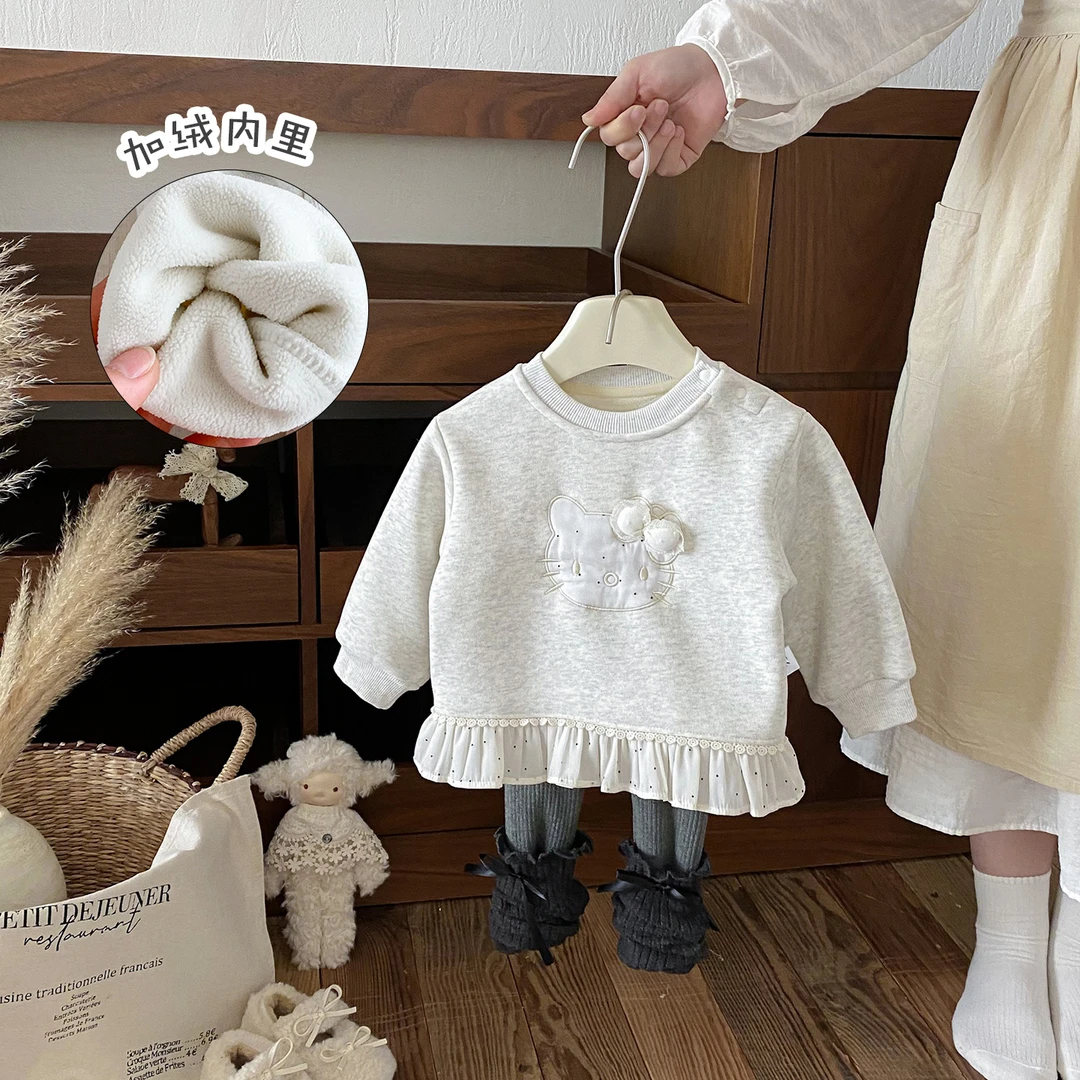2025秋冬新款婴幼儿猫咪加绒加厚卫衣套装女宝宝上衣打底裤两件套