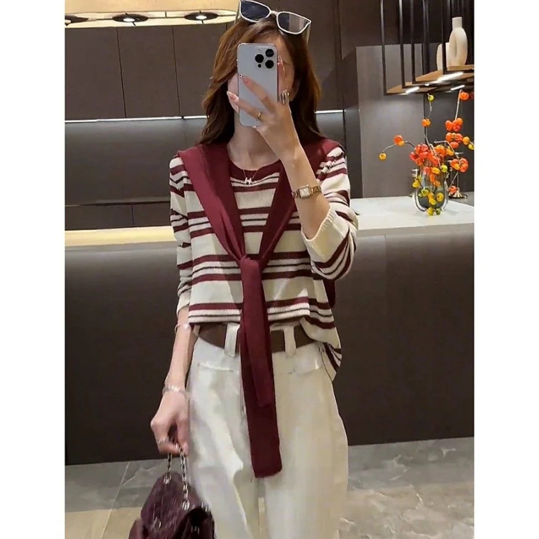 春秋款条纹披肩针织衫2025新款毛衣春秋显瘦长袖慵懒披肩款上衣