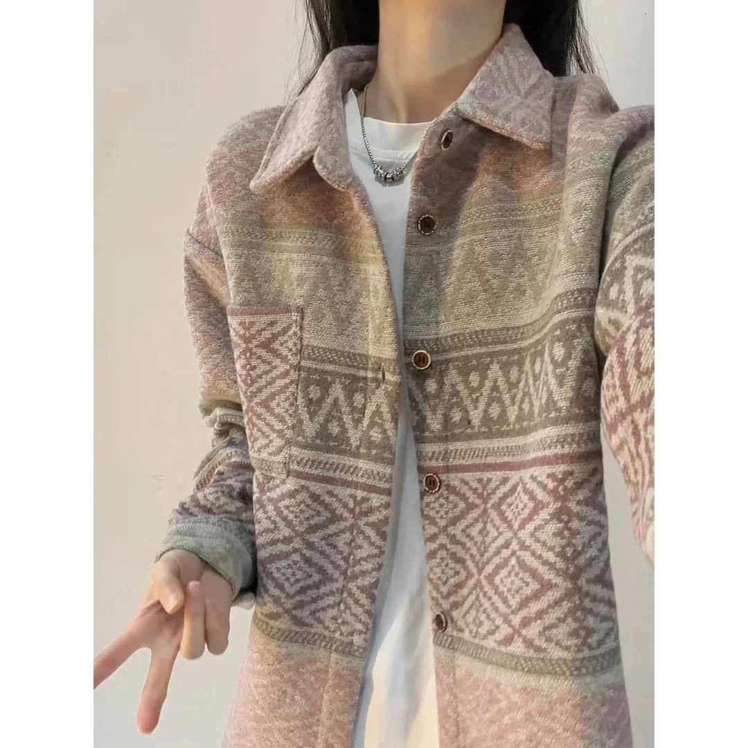 2025秋冬款长袖衬衫夹克男复古民族风呢料宽松上衣服秋季潮牌外套