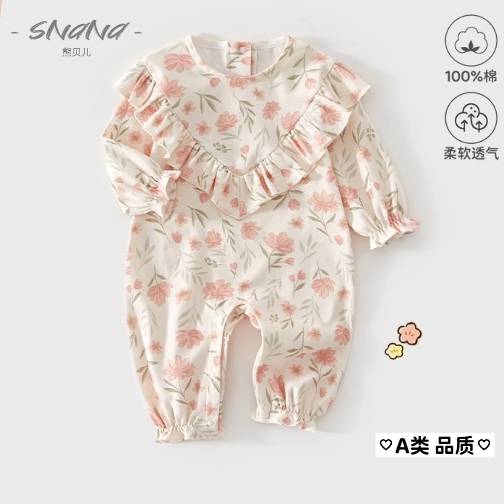 新生儿春秋季春夏夏天装公主风婴儿连体衣100%纯棉爬服长袖衣服