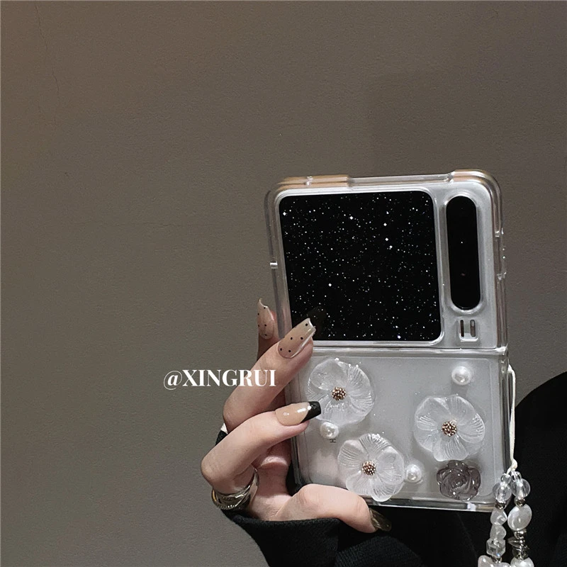 适用华为purax手机壳透明滴胶立体珍珠山茶花pocket2/s折叠屏p50