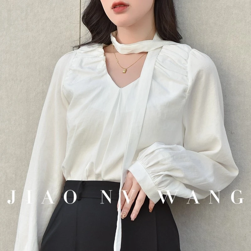 衬衫女春季新款时尚设计感褶皱飘带围脖上衣V领休闲百搭长袖衬衣