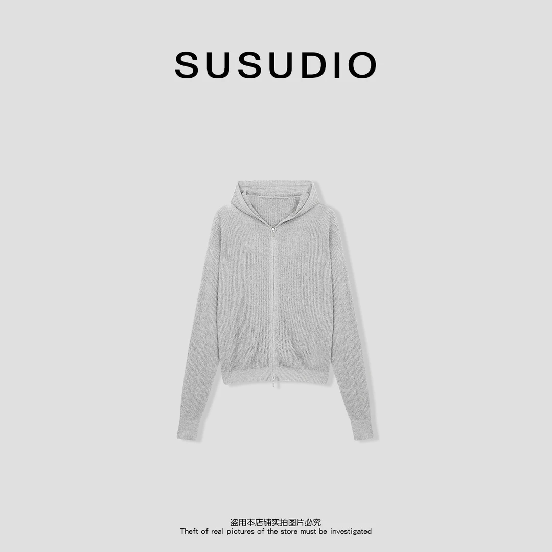 SUSUDIO 亚麻+莱赛尔慵懒风针织连帽拉链外套70149