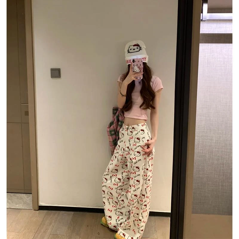韩系慵懒风kt猫卡通满印休闲裤女夏季设计感宽松百搭白色阔腿裤子