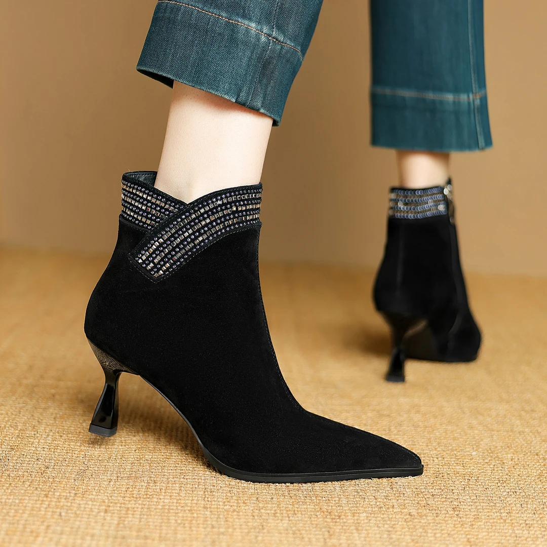 诗宝斐尔 细跟7cm法式气质尖头小短靴女踝靴磨砂羊皮高跟鞋及裸靴