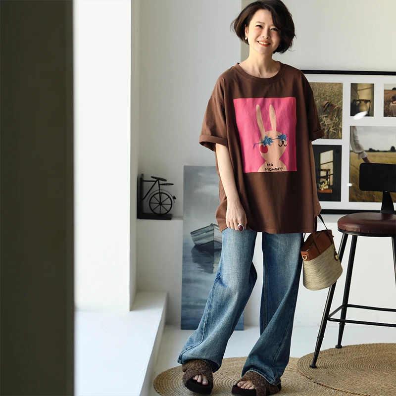 换季T88170 韩版刺绣撞色印花卡通圆领短袖中长款纯棉T恤女春