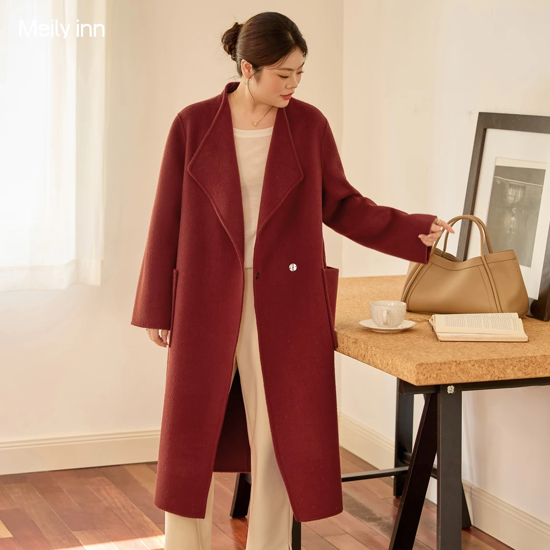 美丽客栈气质秋冬中长款羊毛羊绒红色大衣2025新款大码女装外套