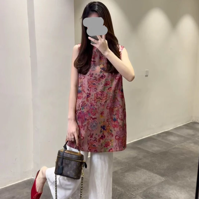 欧货显瘦无袖马甲女2025夏季新款印花时髦上衣百搭阔腿裤两件套潮