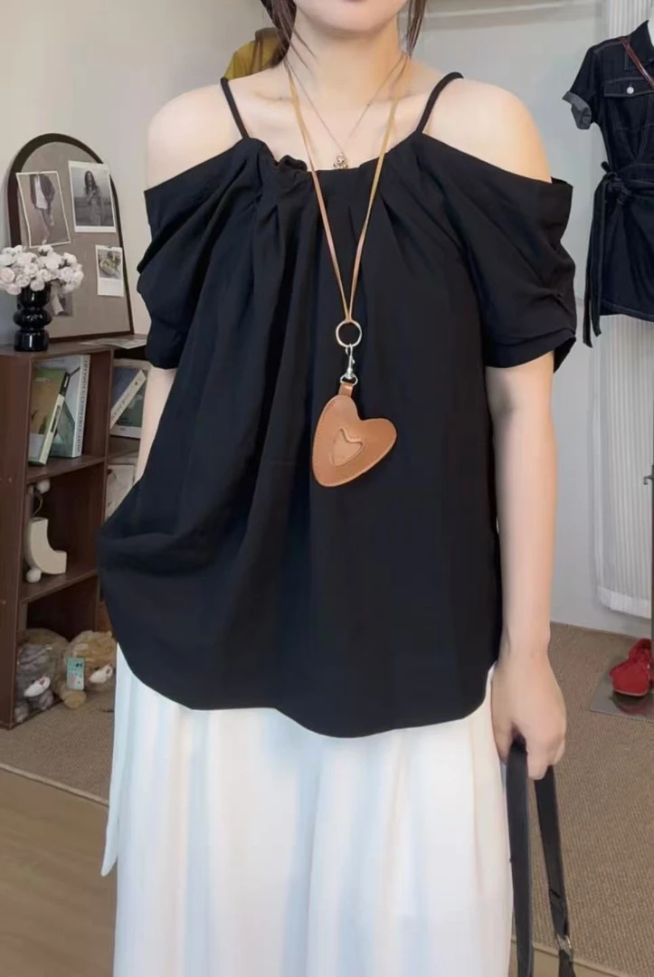 MAMIE【绝美】设计感一字肩花苞短袖t恤女夏季新款减龄小衫上衣