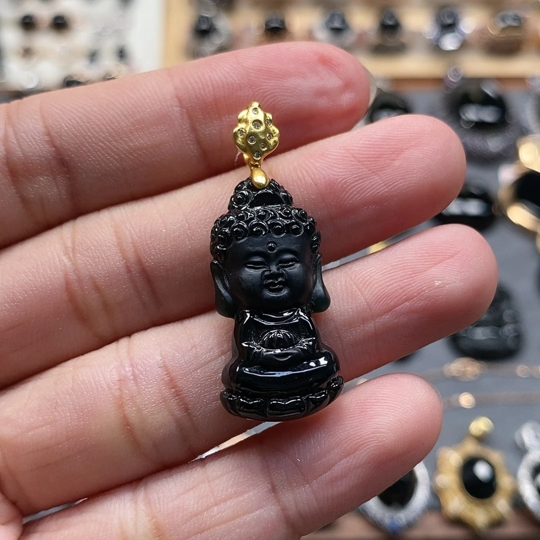 颈饰18K金镶嵌翡翠墨翠宝宝佛