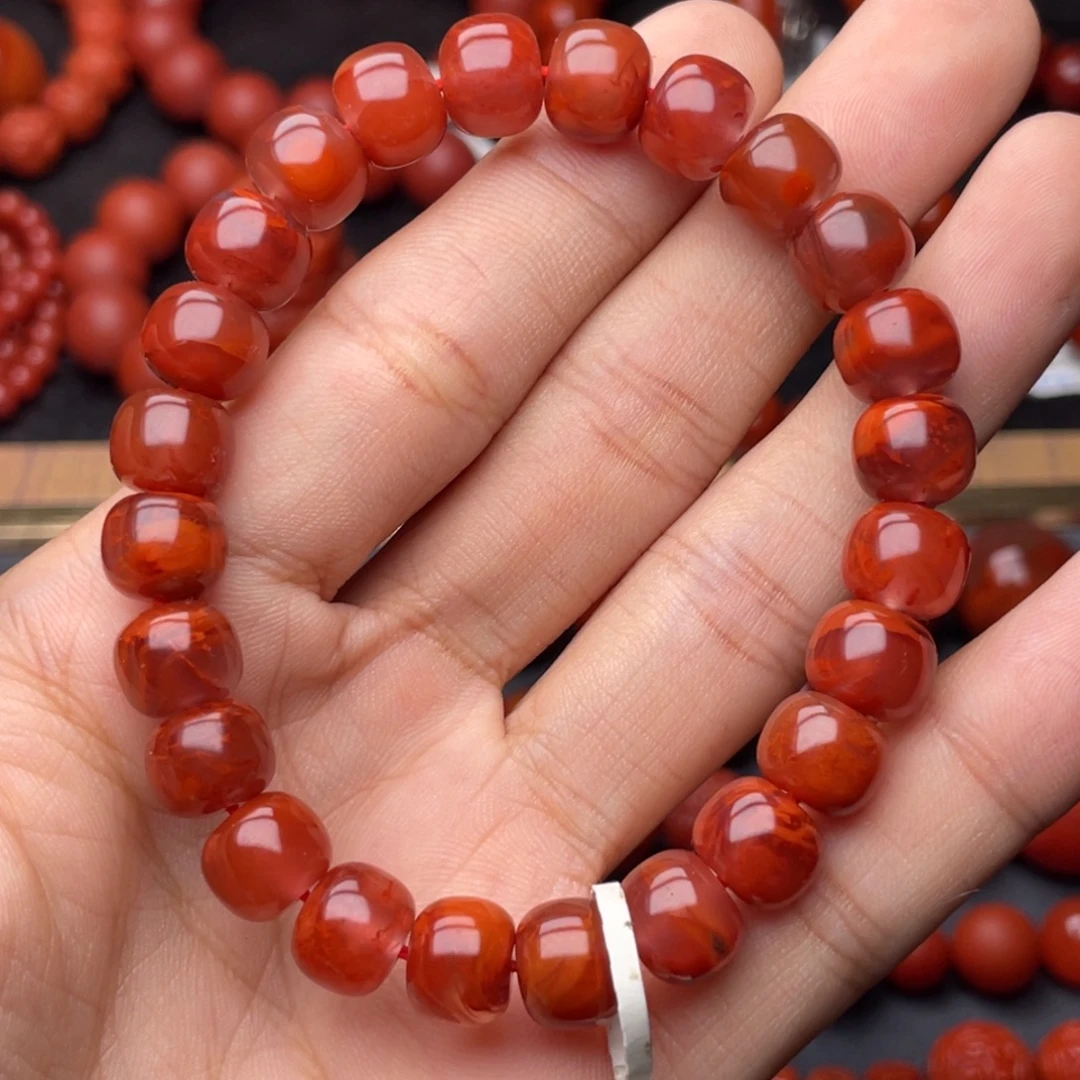 南红玛瑙未镶嵌手串H9.5mm顶品牛血火焰老型手串