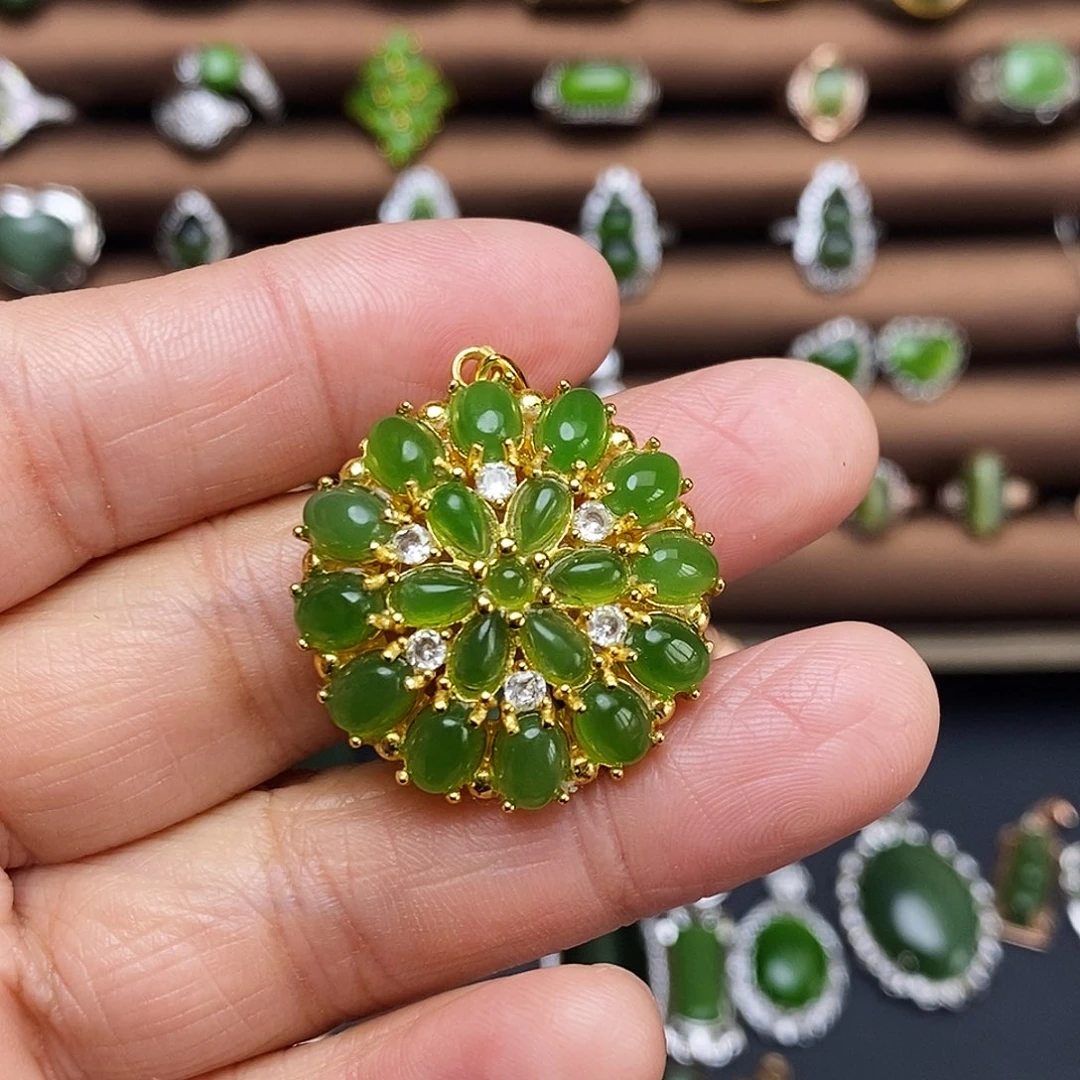 吊坠(不含链)银S925镶嵌和田玉（碧玉）