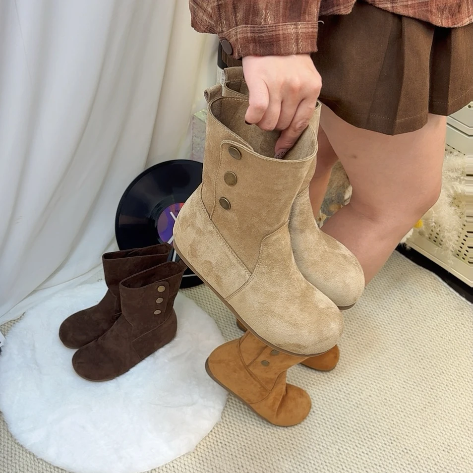 增高7厘米~ 短筒平跟牛反绒面百搭靴子勃肯中筒靴短靴复古风可翻
