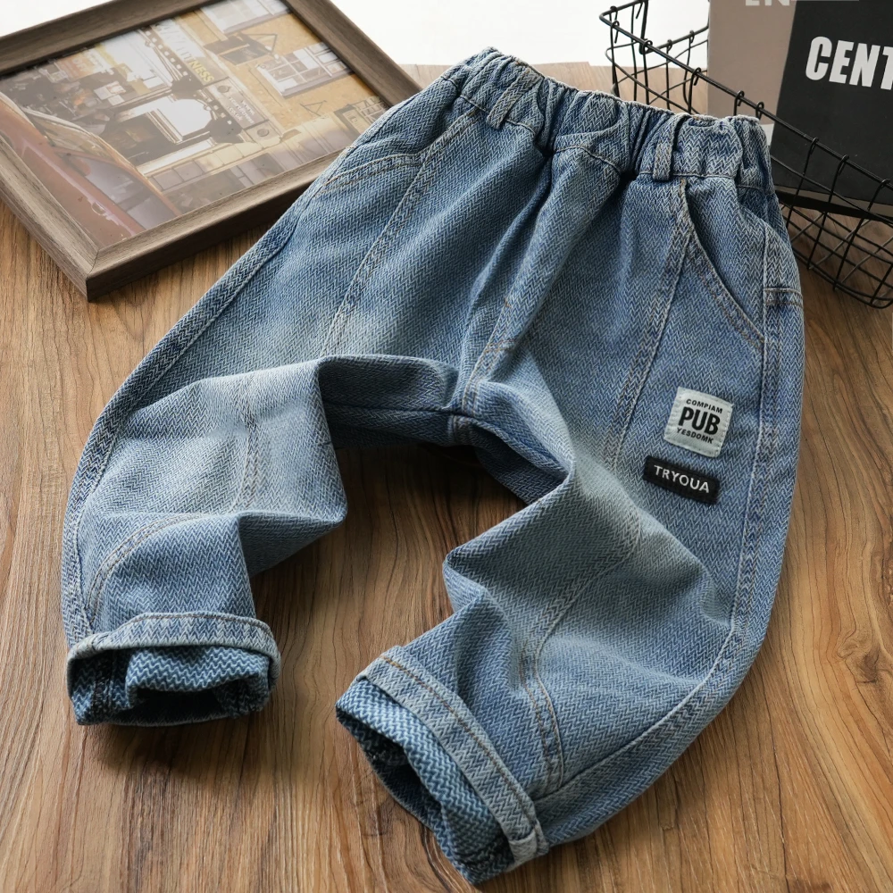 男童儿童秋季新款字母贴标拼接提花牛仔裤中大童百搭裤子S768