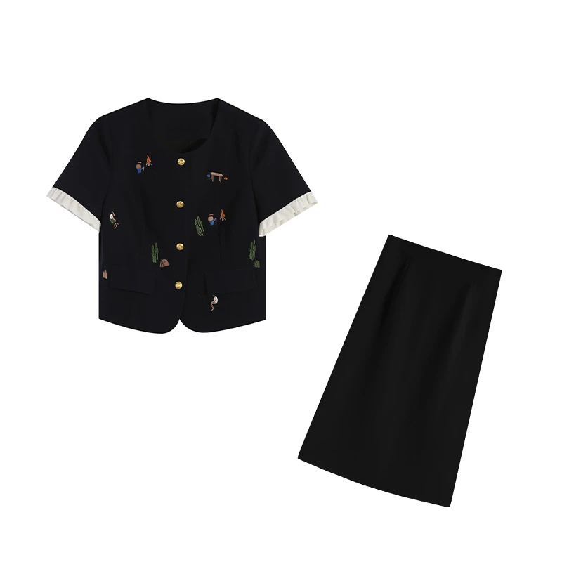 五季家夏季藏青色套装显瘦休闲气质两件套大码女装减龄上衣