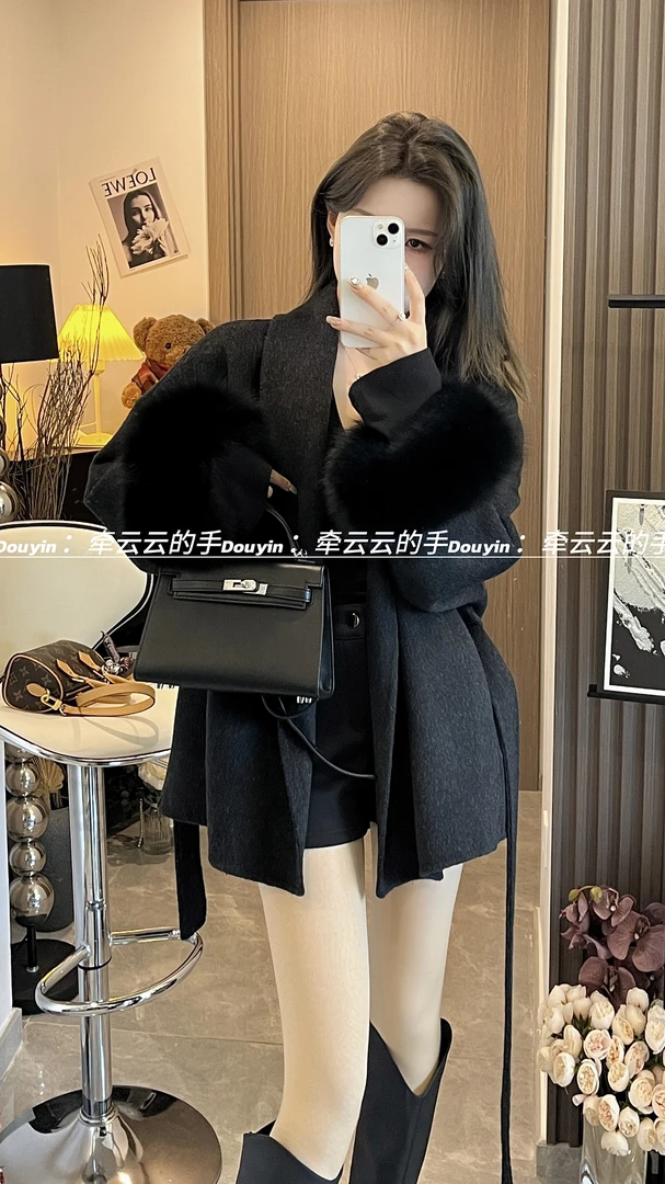 新款高级感狐狸毛袖双面羊毛时尚气质百搭高端中长款呢子大衣女