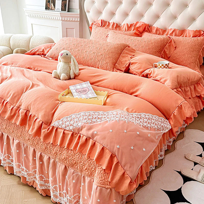 2024春夏新品A类母婴级双层纱棉麻蕾丝花边床盖四件套泡泡纱棉麻