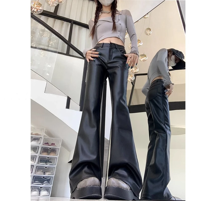 小个子辣妹黑色微喇皮裤女秋冬加绒PU皮休闲裤直筒喇叭拖地长裤子