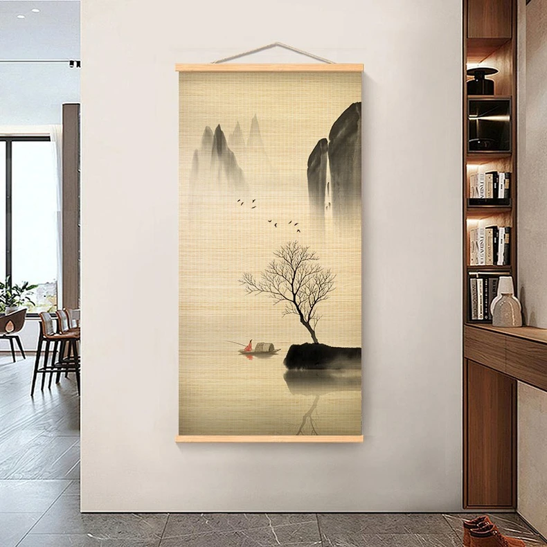 意境山水中式竹帘挂画茶室客厅书房办公室竹艺装饰画玄关禅意国画