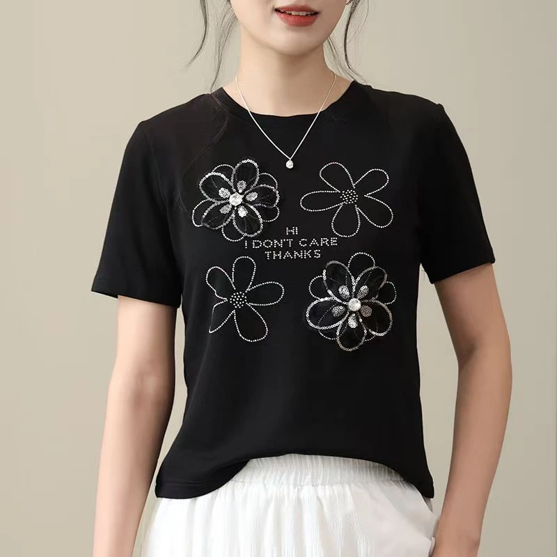 5T531重工镶钻工艺,3D黑百合亮棉T圆领洋气百搭短袖T恤