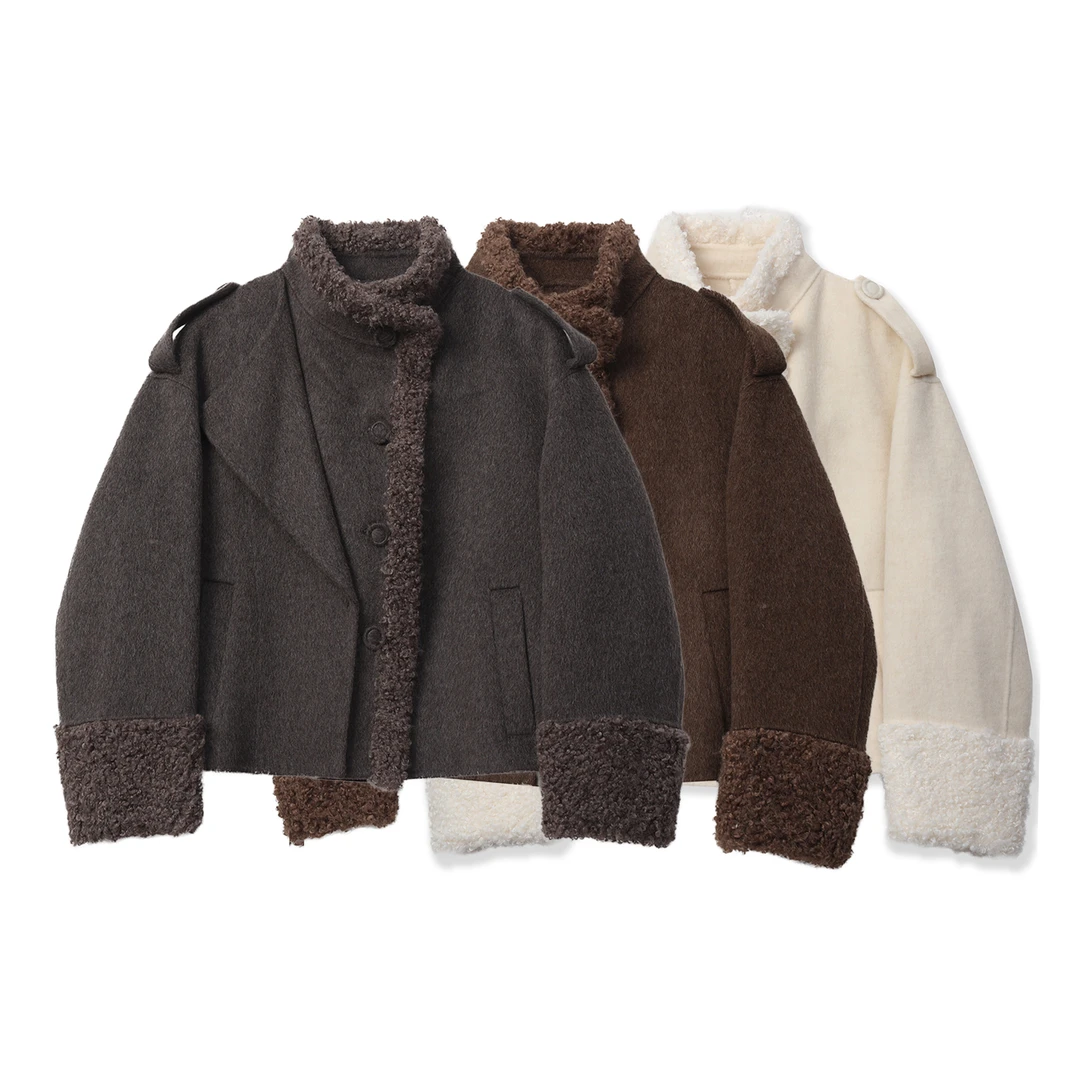 骆马绒/羊毛双面呢大衣拼接颗粒两穿翻领高端女NOF625-SZ11015