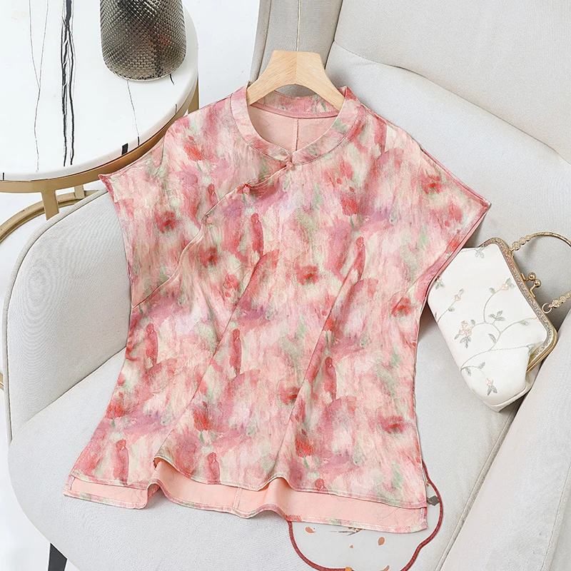 2025妈妈装夏季时尚中式碎花小衫印花新中式民族风夏季立领衬衫