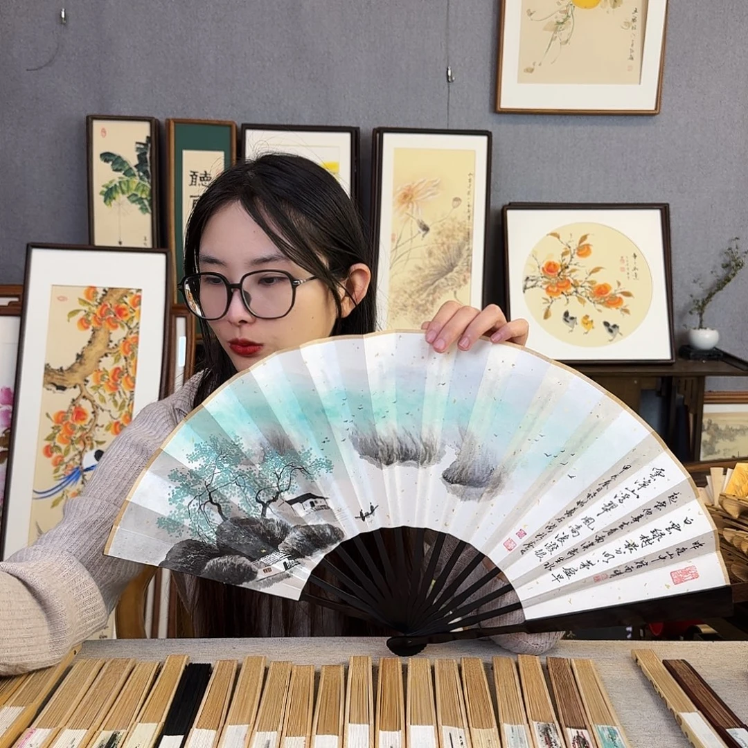 国画10寸水磨玉竹-纯手绘-文玩扇骨（默认粘好）