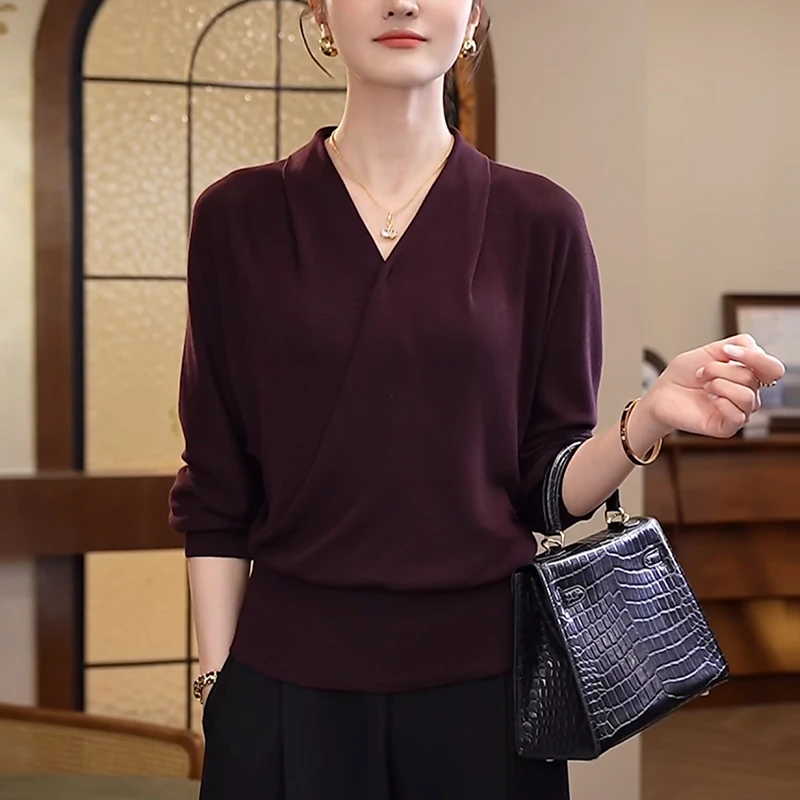 紫色V领气质t恤女长袖2025秋季新款减龄显瘦内搭打底针织衫上衣