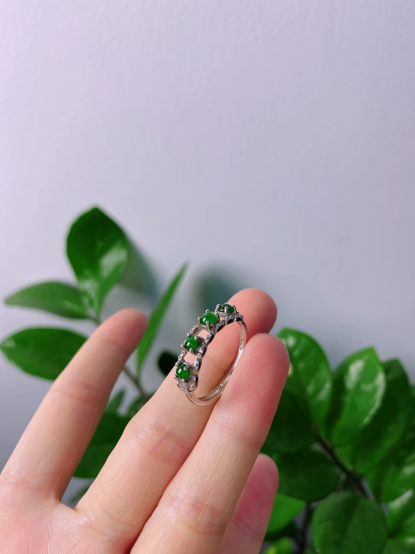 天然A货翡翠蛋面S925银镶嵌镂空款四蛋排戒-多样性发货