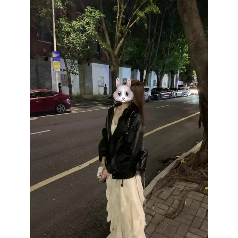 韩版宽松皮衣外套女2025新款百搭显瘦休闲时尚上衣连衣裙两件套装