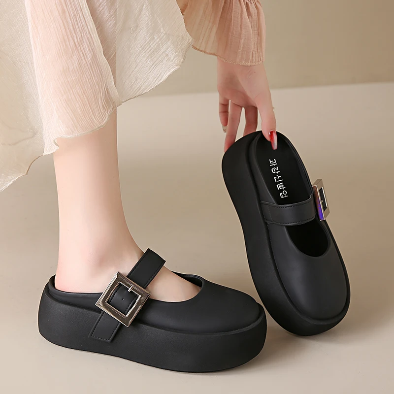 春夏 玛丽珍小皮鞋法式复古厚底百搭英伦风半托乐福鞋7062【黑】