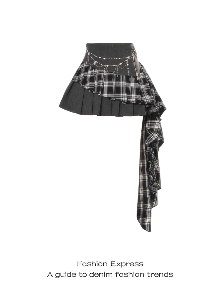 黑白格拼接百褶裙短款女夏季设计感韩系不规则A字包臀半身短裙潮